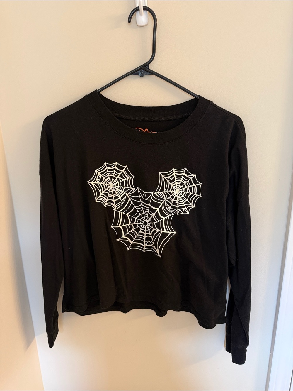 Disney Black Long Sleeve Crop Top with White Spiderweb Mickey Motif